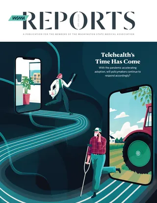 Telehealth concept with patients interacting through large smartphone screens by Jacob Stead