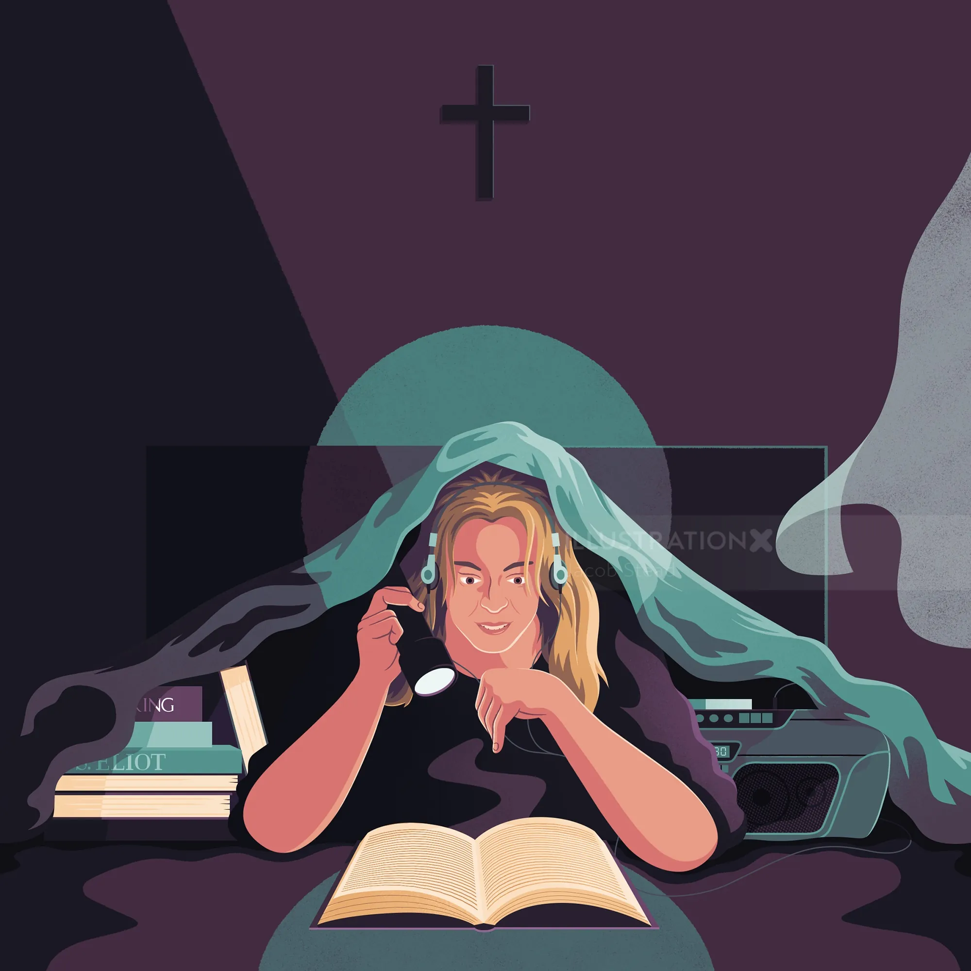 Person reading a book under a blanket by candlelight with cross nearby by Jacob Stead