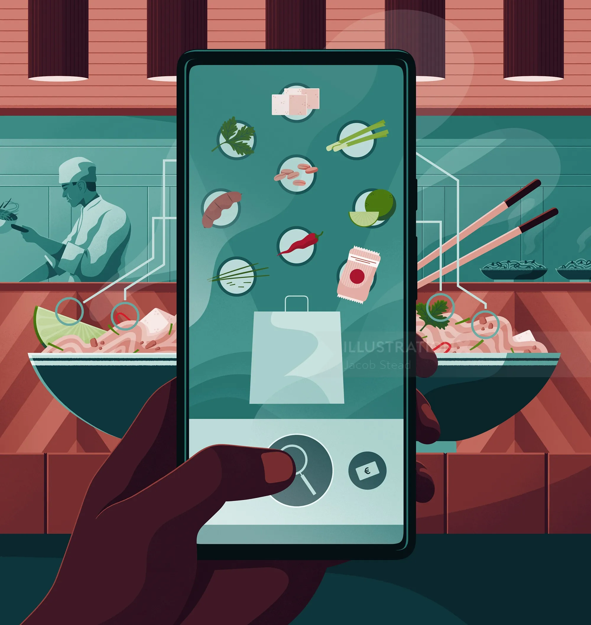 Smartphone showing food delivery app with sushi bowls in background by Jacob Stead