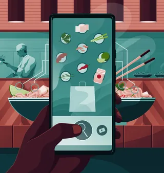 Smartphone showing food delivery app with sushi bowls in background by Jacob Stead