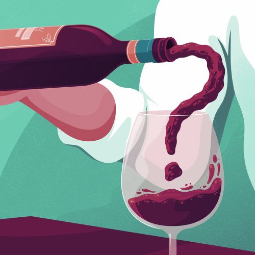 Hand pouring red wine into glass illustration by Jacob Stead