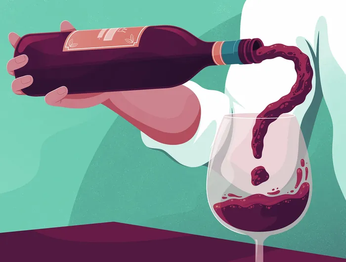 Hand pouring red wine into glass illustration by Jacob Stead