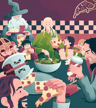 Fantasy characters eating pizza and drinking beverages at a lively table by Jacob Stead