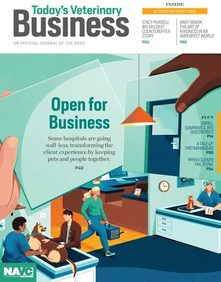 Veterinary hospital scene with pets and owners, illustrated by Jacob Stead