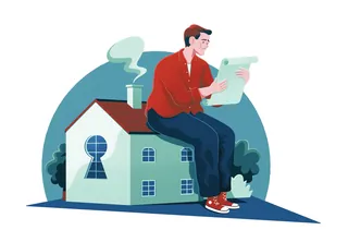 Man sitting on house roof reading newspaper with steaming cup by Jacob Stead