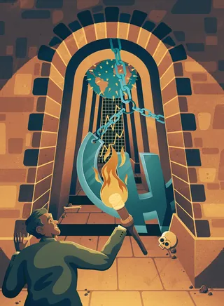 Man with torch near chained globe and skull in prison window, artwork by Jacob Stead