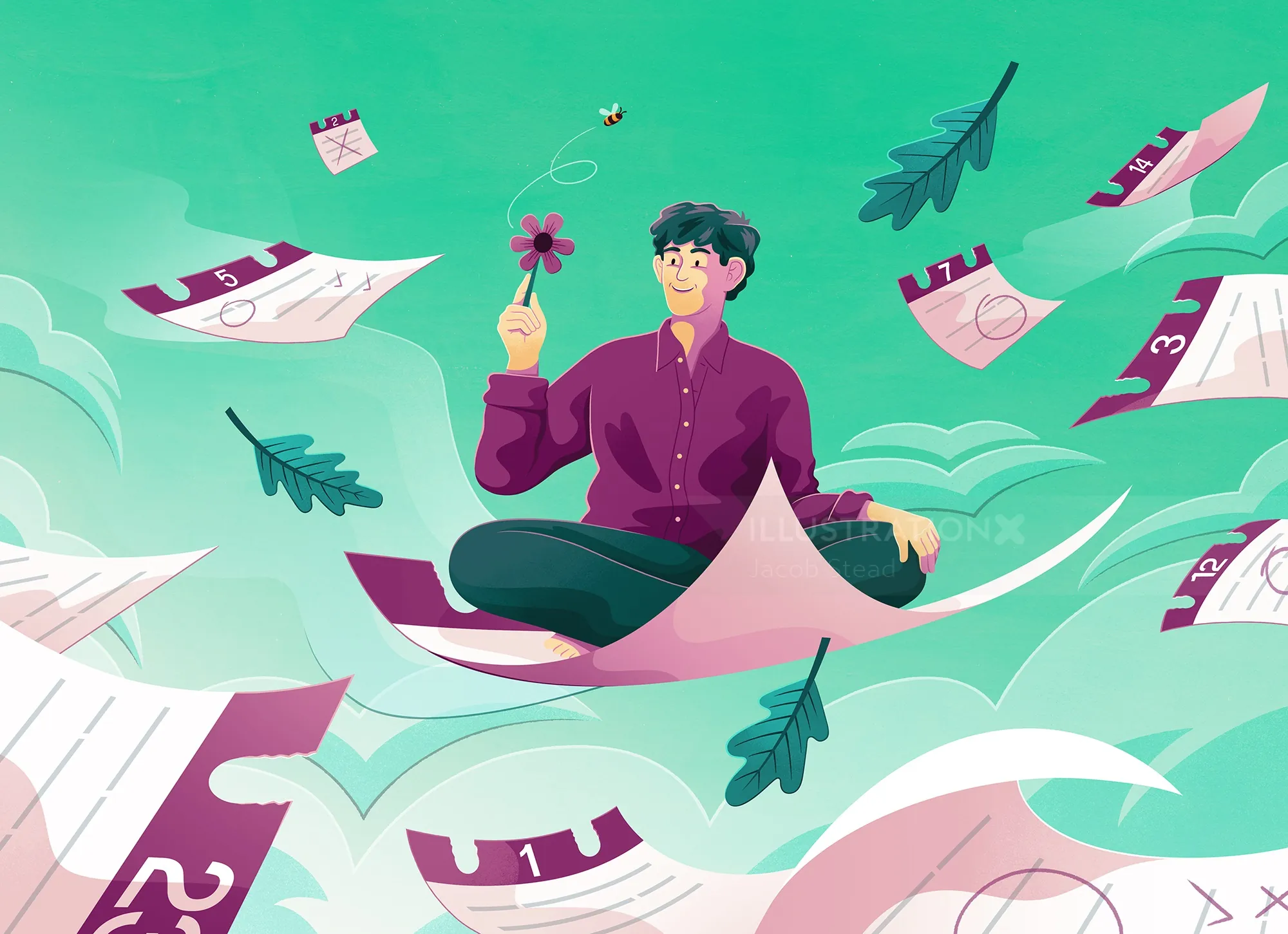 Meditating person surrounded by calendar pages and leaves by Jacob Stead