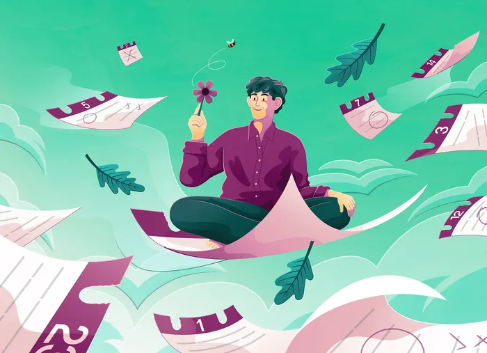 Meditating person surrounded by calendar pages and leaves by Jacob Stead