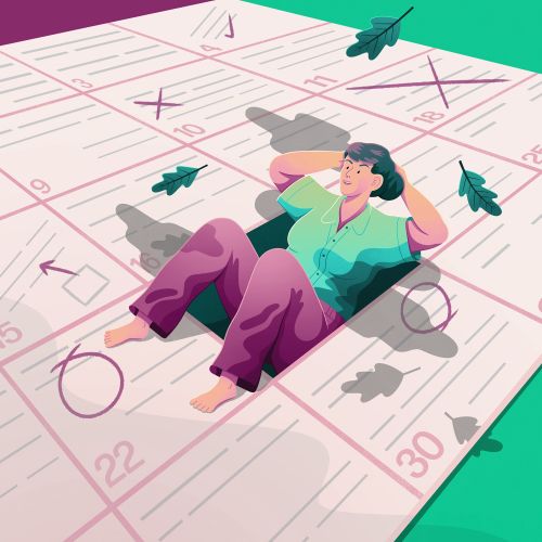 Person lying relaxed on a calendar with marked dates and falling leaves by Jacob Stead