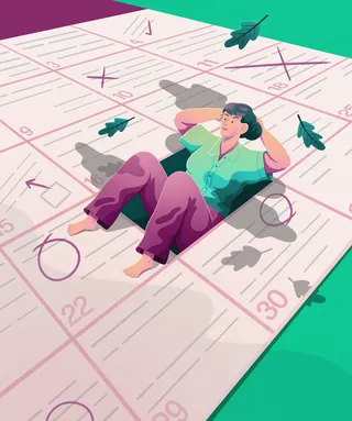 Person lying relaxed on a calendar with marked dates and falling leaves by Jacob Stead