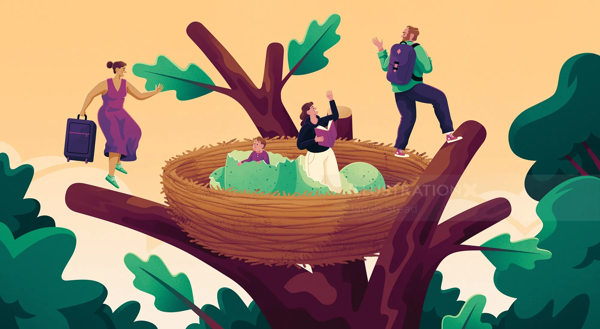 Illustration of people in a large bird nest on tree branches by Jacob Stead