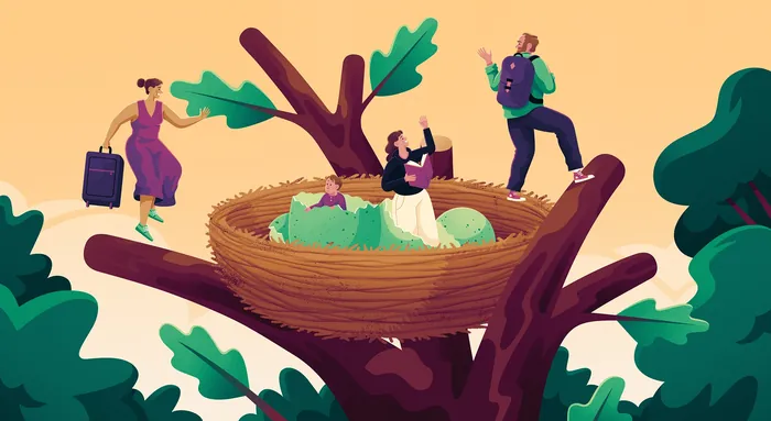 Illustration of people in a large bird nest on tree branches by Jacob Stead