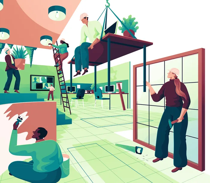 Indoor gardening and workspace activities by people in modern office by Jacob Stead