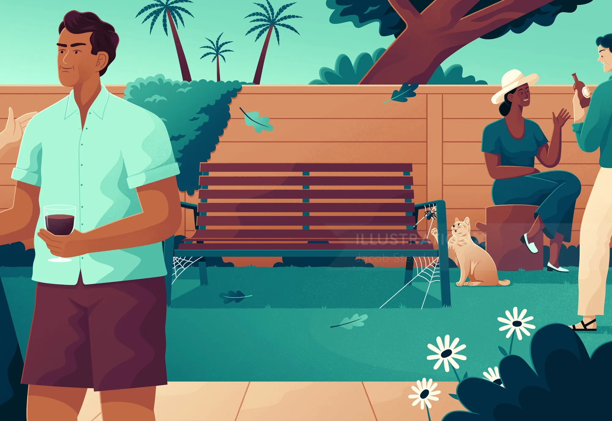 People relaxing with a cat in sunny backyard illustration by Jacob Stead