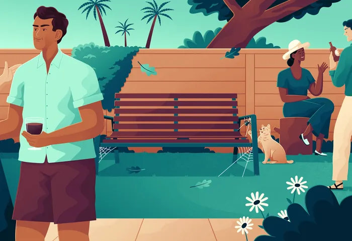 People relaxing with a cat in sunny backyard illustration by Jacob Stead