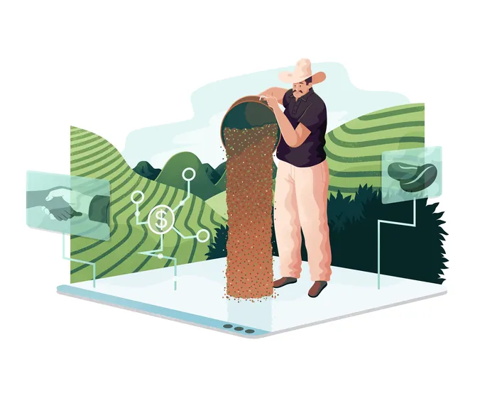 Farmer pouring coffee grounds on digital field with agriculture and finance icons by Jacob Stead