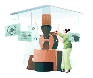 Woman operating a coffee roasting machine with digital interface elements by Jacob Stead