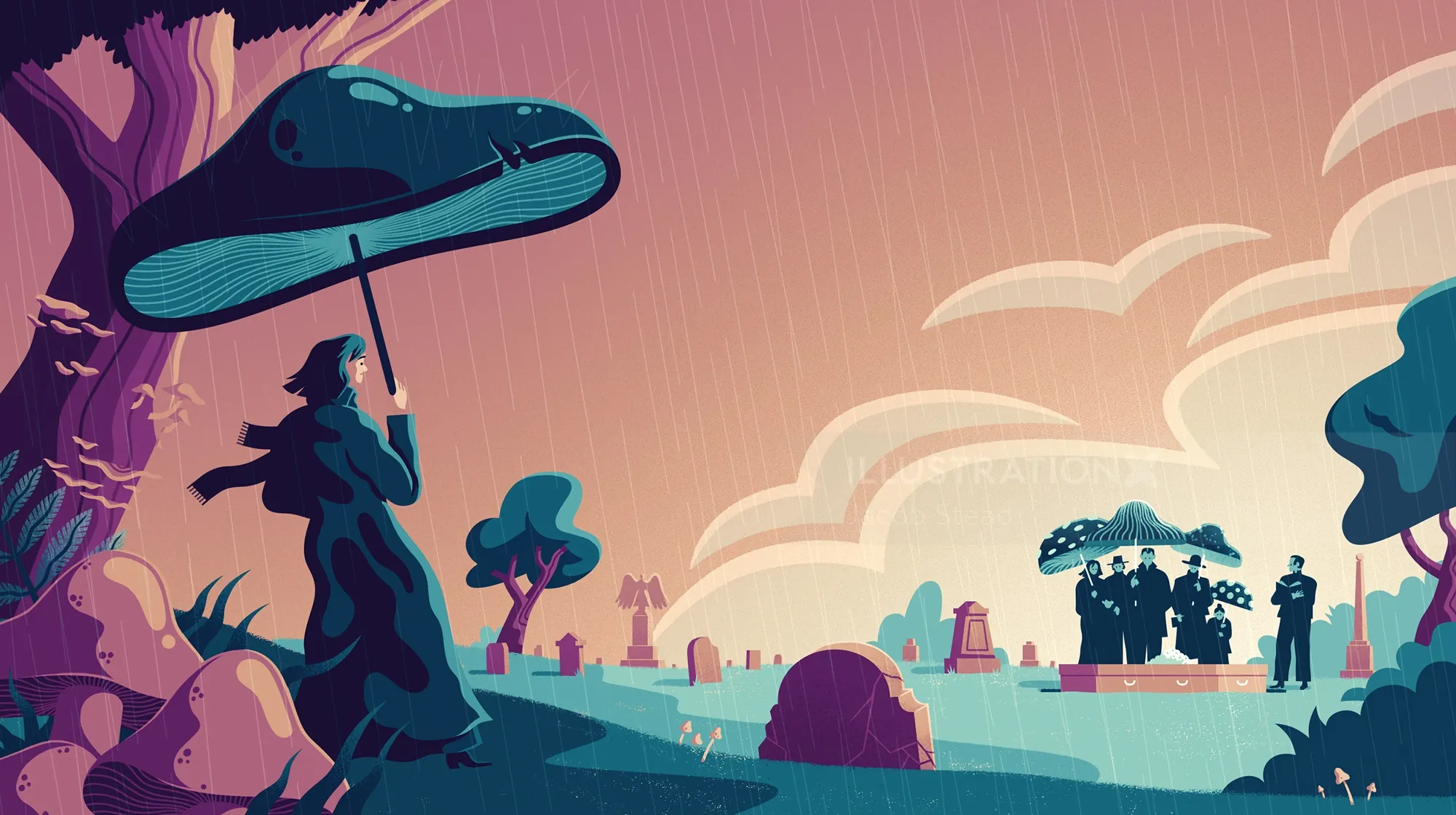 Illustration of woman holding umbrella in rainy landscape by Jacob Stead