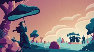 Illustration of woman holding umbrella in rainy landscape by Jacob Stead