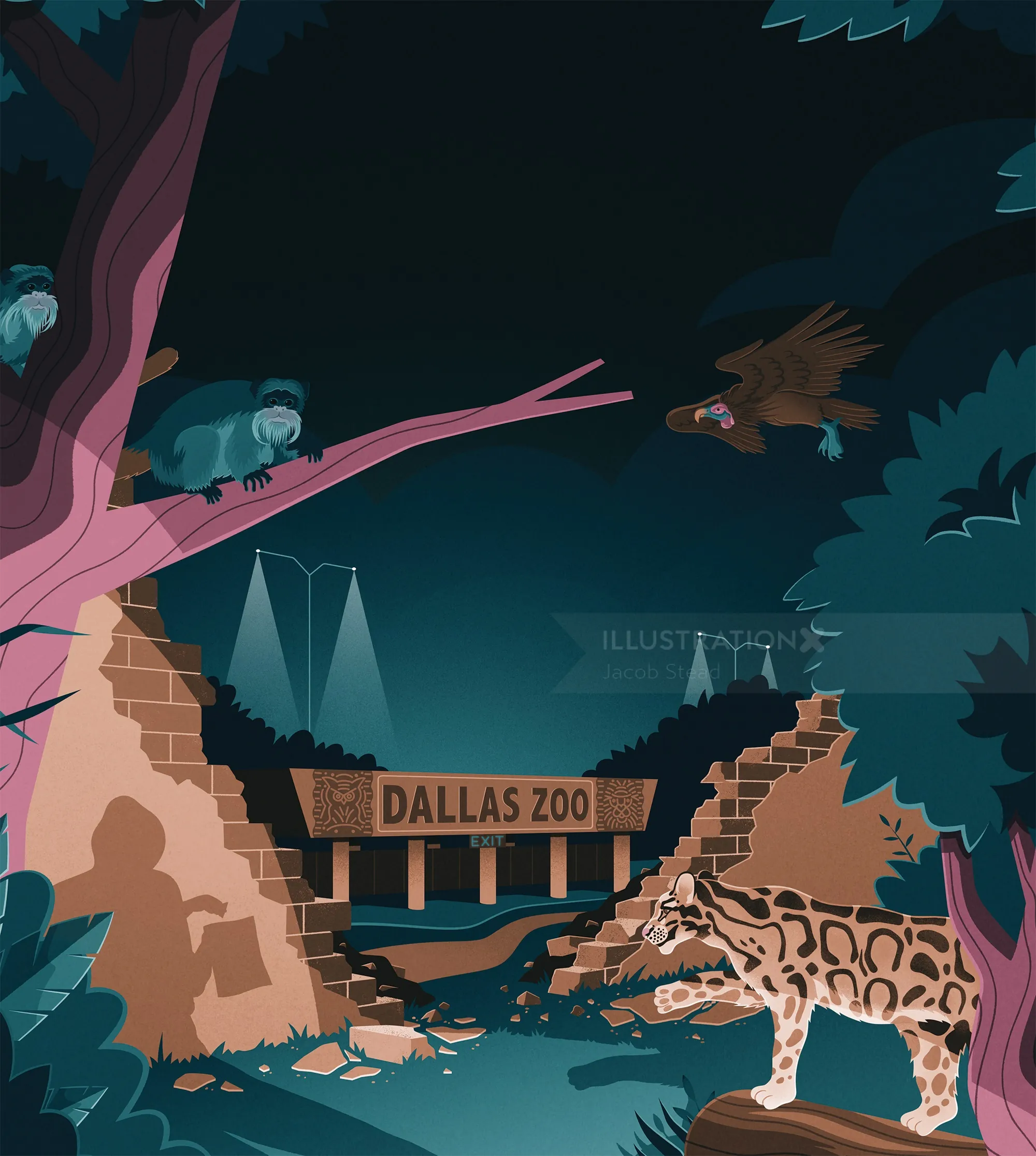 Dallas Zoo entrance at night with animals and forest by Jacob Stead