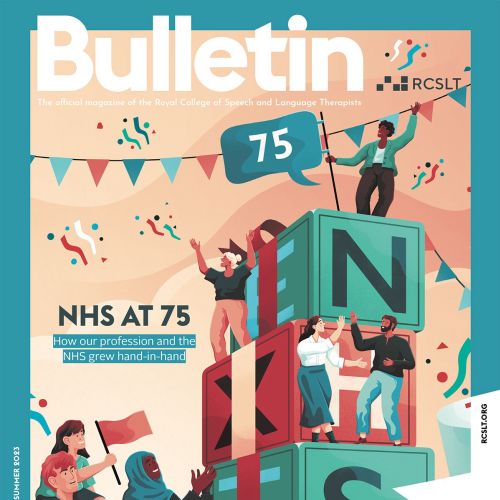 NHS 75th anniversary illustration showing people and large letter blocks by Jacob Stead