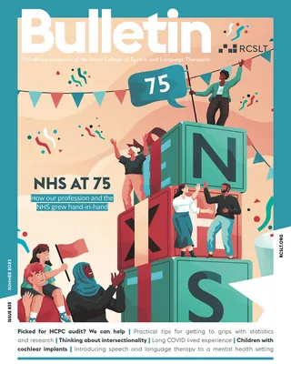 NHS 75th anniversary illustration showing people and large letter blocks by Jacob Stead