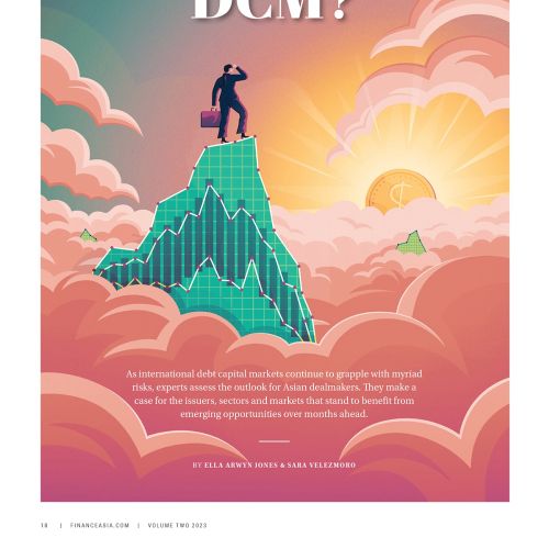 Illustration of man atop stock market chart at sunrise by Jacob Stead
