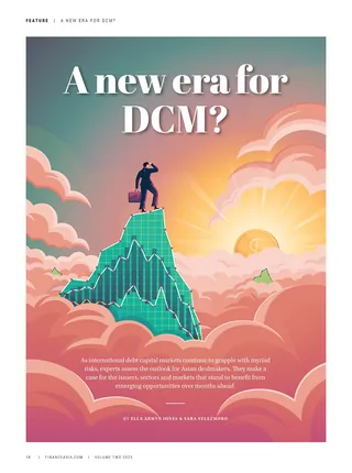 Illustration of man atop stock market chart at sunrise by Jacob Stead
