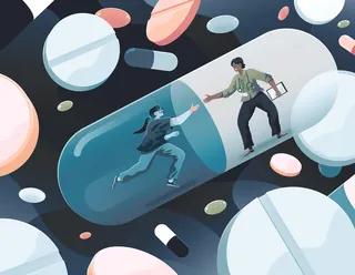 Two people inside a transparent capsule with floating pills around