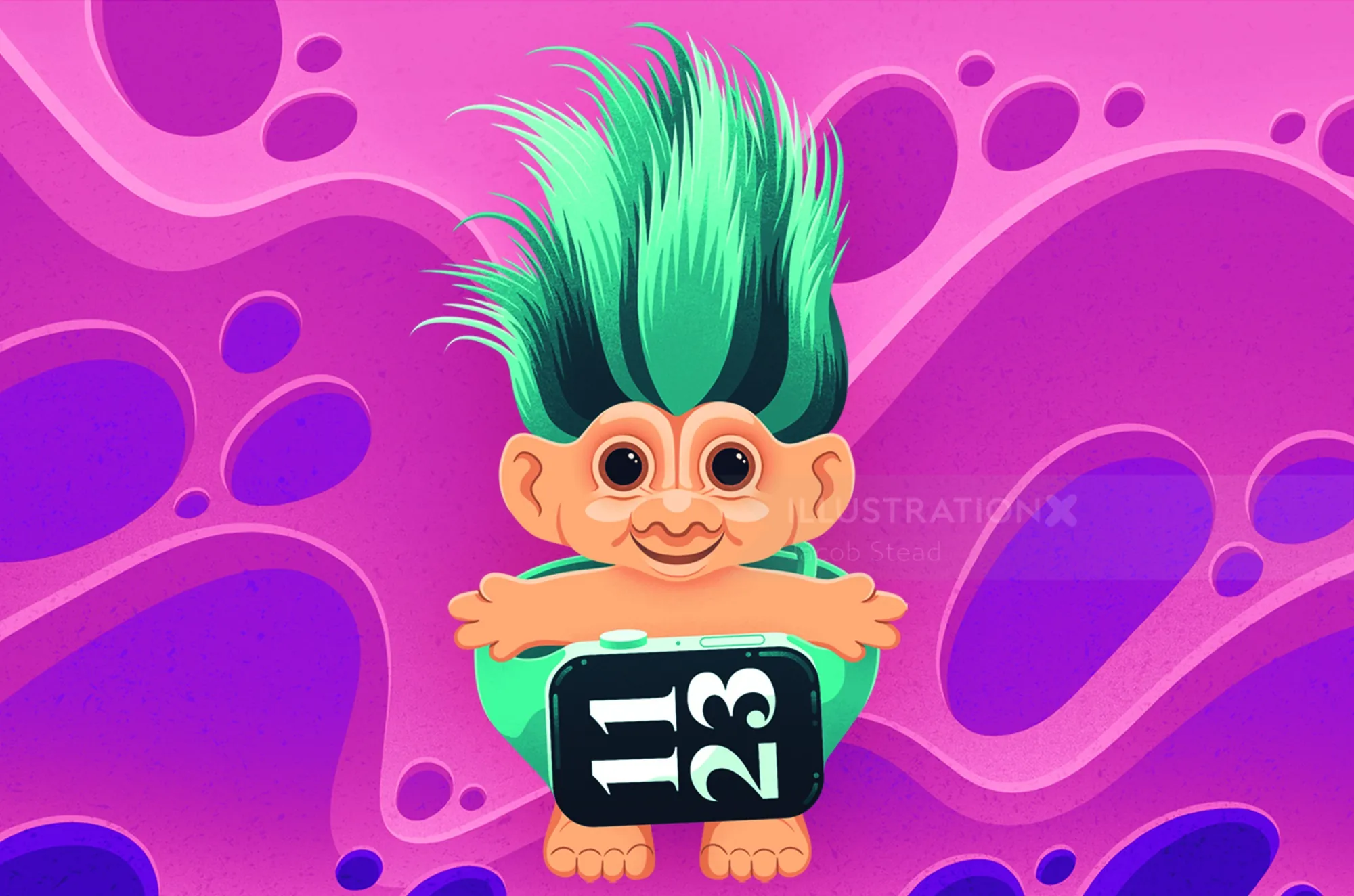Cartoon troll with green hair holding a black 1 2 3 sign on purple background