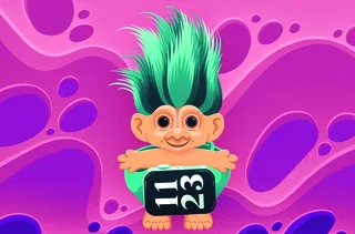 Cartoon troll with green hair holding a black 1 2 3 sign on purple background