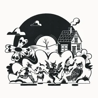 Children in costumes dancing near owl and house at sunset black and white illustration