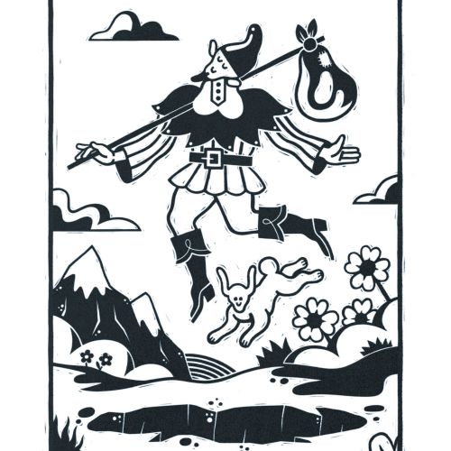 Black and white The Fool tarot card with traveler and dog near cliff