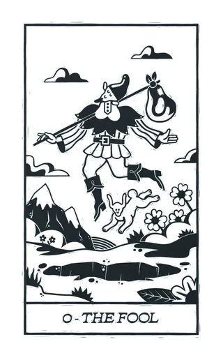Black and white The Fool tarot card with traveler and dog near cliff