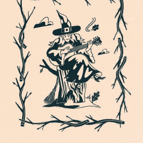 Witch in hat playing guitar on tree stump surrounded by branches and clouds