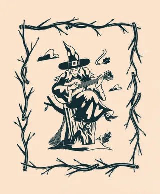 Witch in hat playing guitar on tree stump surrounded by branches and clouds