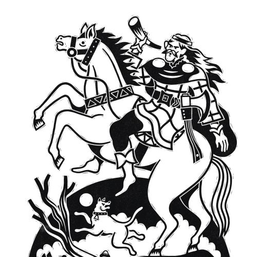 Black and white illustration of a knight on a horse with mythical creatures