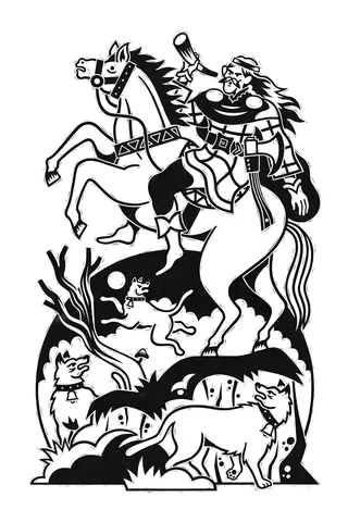 Black and white illustration of a knight on a horse with mythical creatures