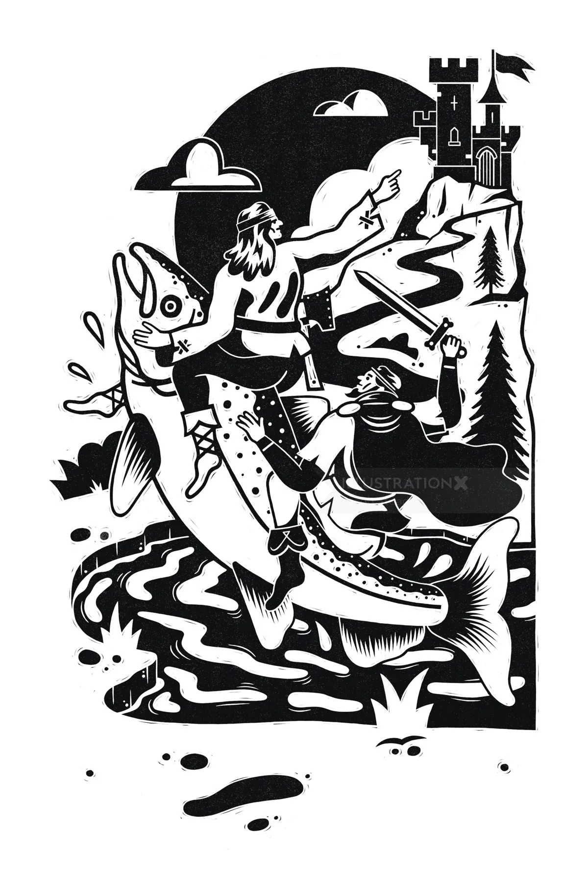 Black and white illustration of a medieval fisherman with a castle, by Jacob Stead