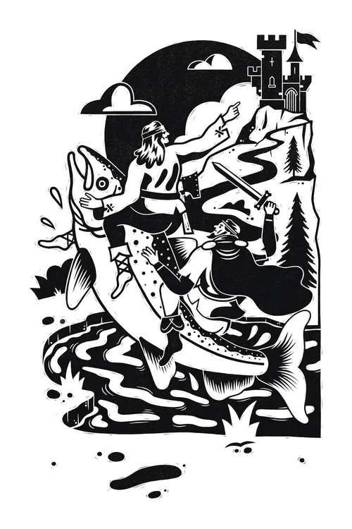 Black and white illustration of a medieval fisherman with a castle, by Jacob Stead