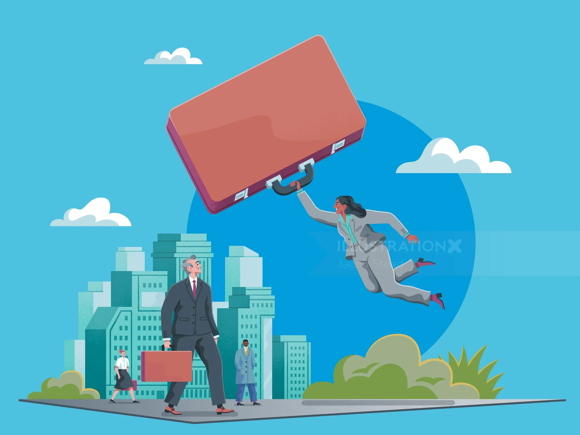 Businesswoman flying with large briefcase over cityscape