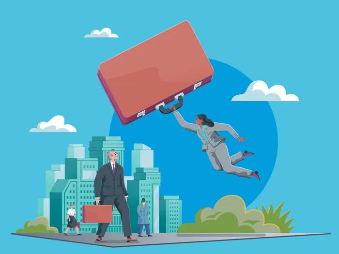 Businesswoman flying with large briefcase over cityscape