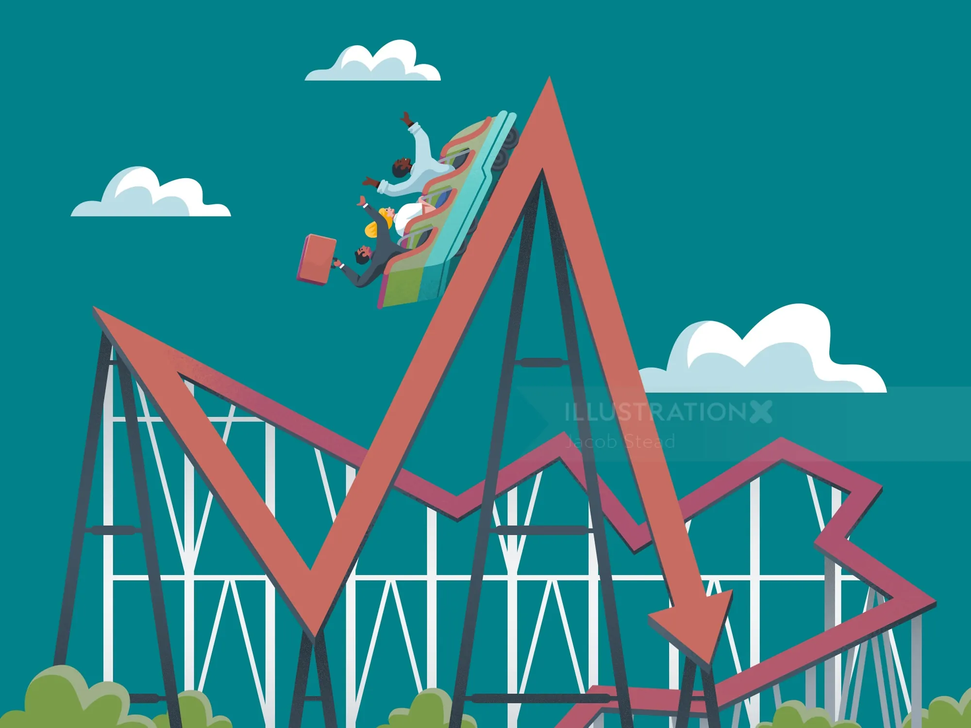 Businessman falling down roller coaster shaped like stock market graph