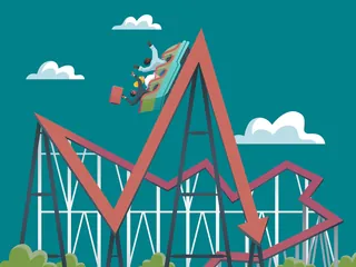 Businessman falling down roller coaster shaped like stock market graph