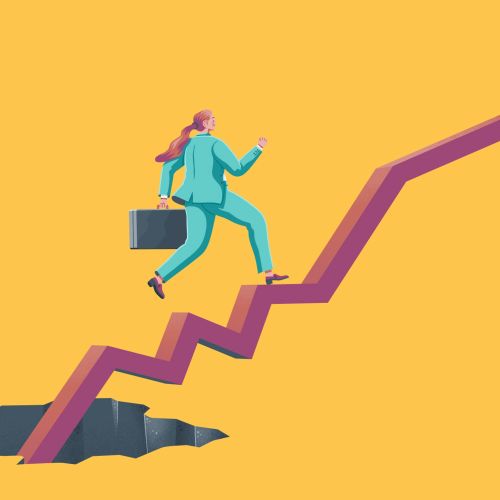 Businesswoman climbing zigzag arrow stairs over a gap