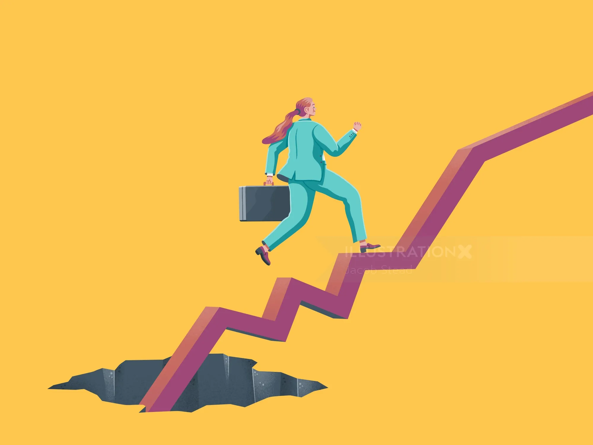 Businesswoman climbing zigzag arrow stairs over a gap