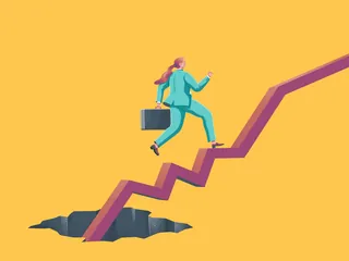 Businesswoman climbing zigzag arrow stairs over a gap