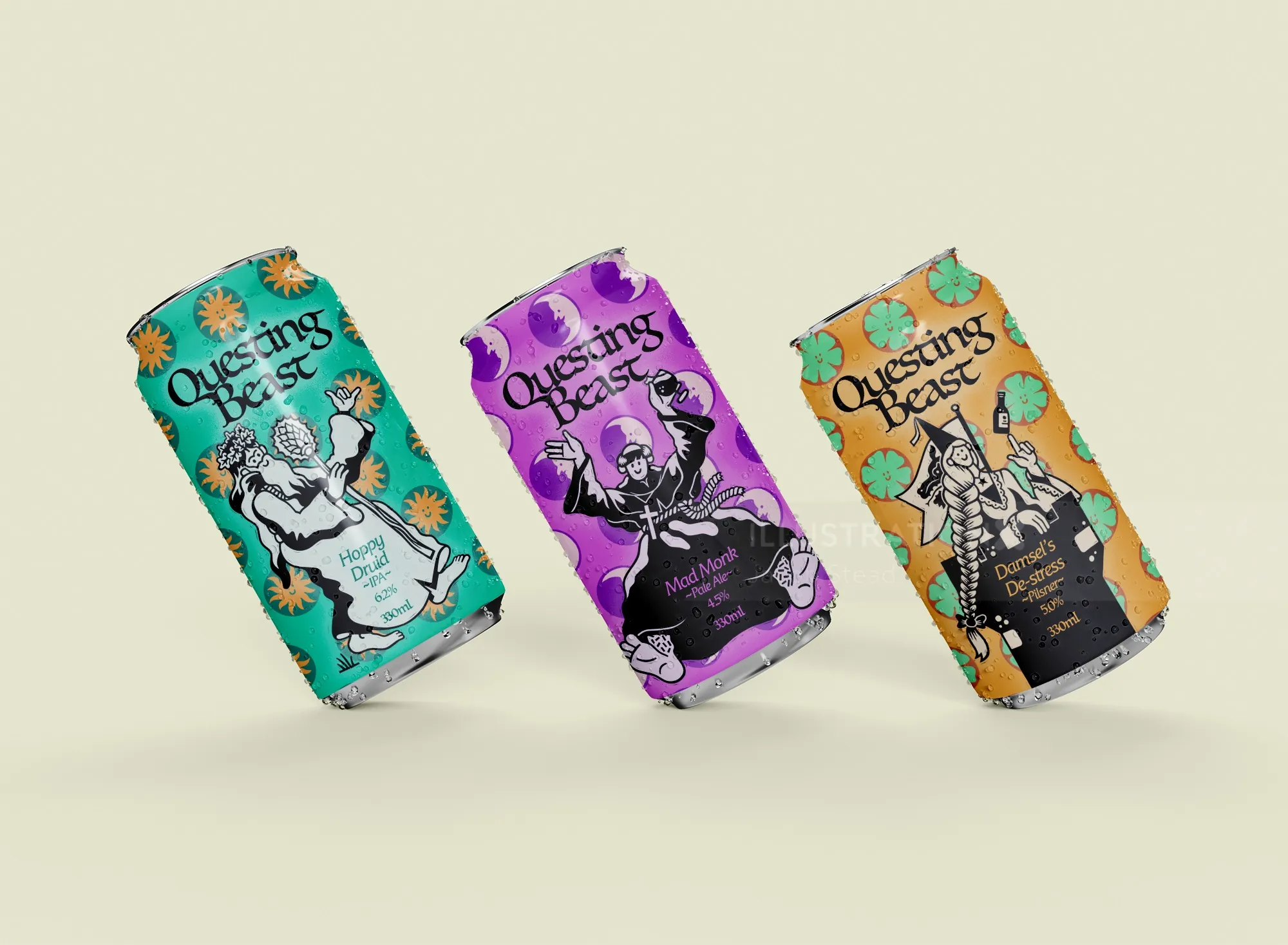 Three Questing Beast beverage cans with fantasy illustrations in turquoise, purple, and orange
