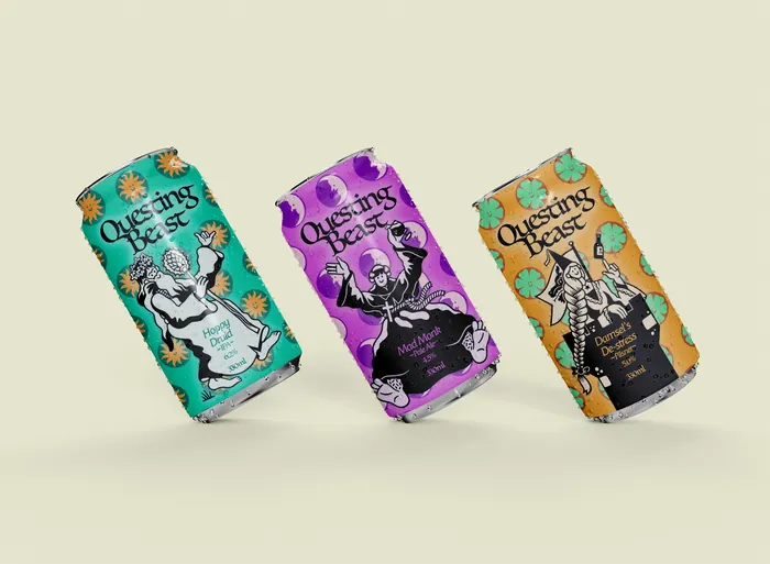 Three Questing Beast beverage cans with fantasy illustrations in turquoise, purple, and orange