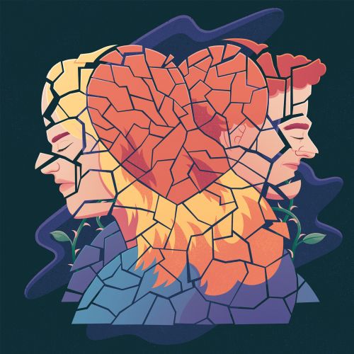 Two faces back-to-back with a cracked heart between them